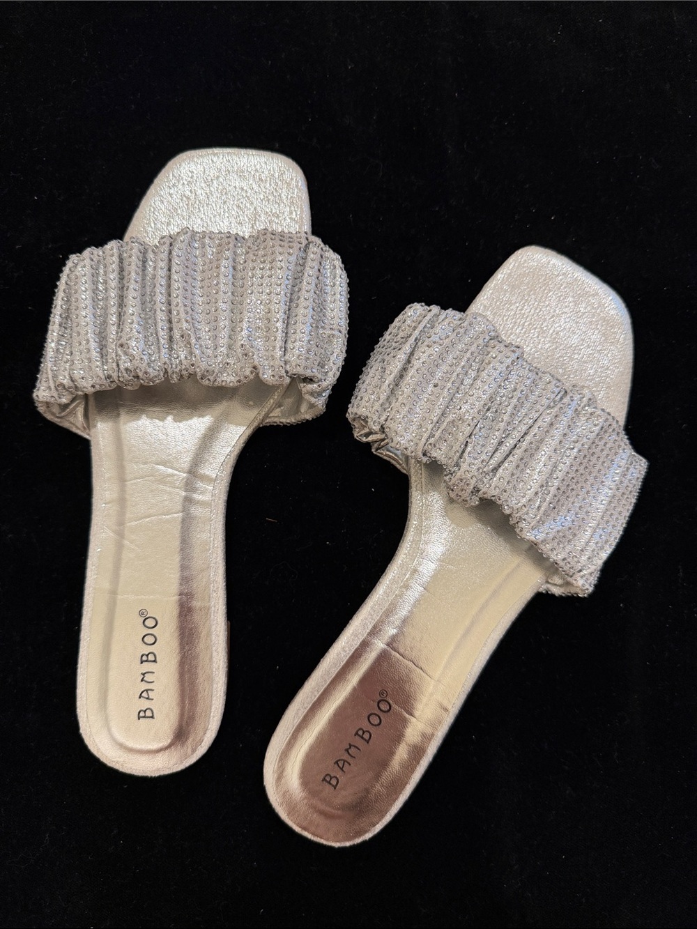BAMBOO Silver Ruched Slide Sandals 7 1/2
